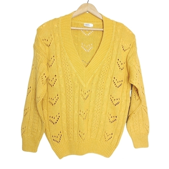 Vintage Wheat Yellow V-neck Cable Knit Sweater size Large - Picture 1 of 9